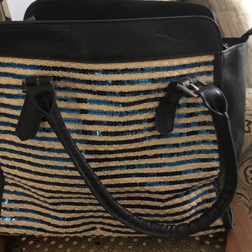 Kelly & Katie Black Trim Natural Tote with Blue Sequin Stripes